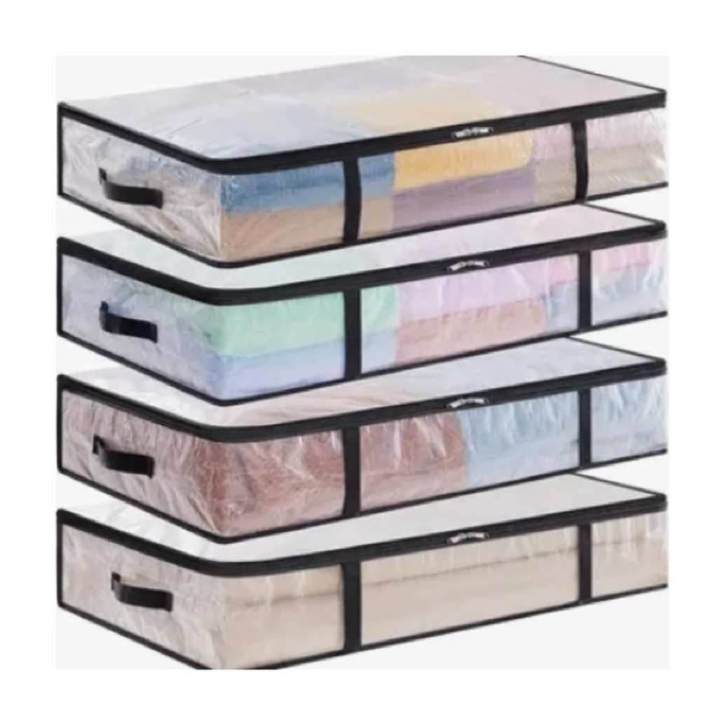 White and Black Garment Bags with Clear Top Panel and Zipper Access